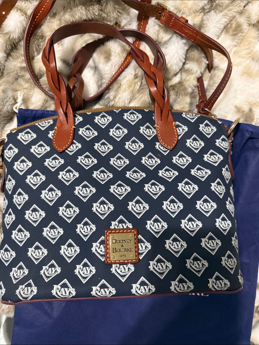 Dooney & Bourke Navy Tampa Bay Rays Logo Satchel with Brown Leather Trim